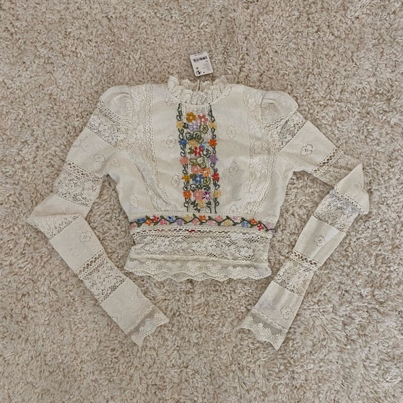 Free People Garden Grace Boho Lace Floral Embroidered White Long-Sleeve Top - Picture 3 of 5